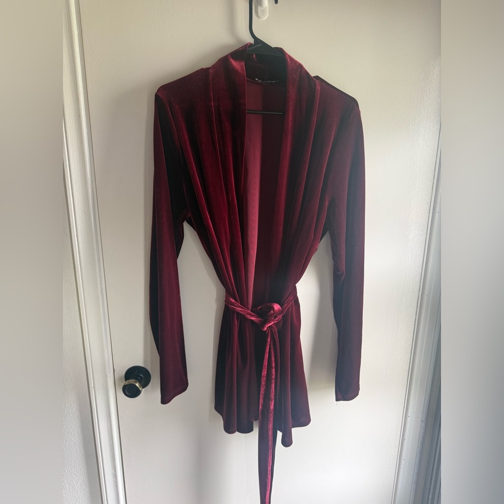 Women's Fashion Nova Velvet Robe Wrap Jacket - Burgundy